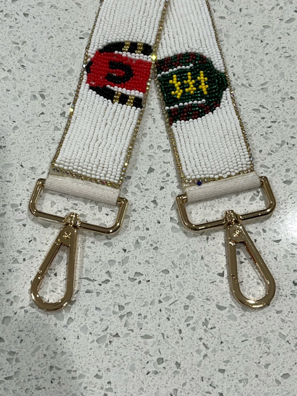 Beaded Purse Strap CrossbodyJockey Jersey Seed Bead/Rhinestone Gold Hardware 49" - Picture 3 of 6